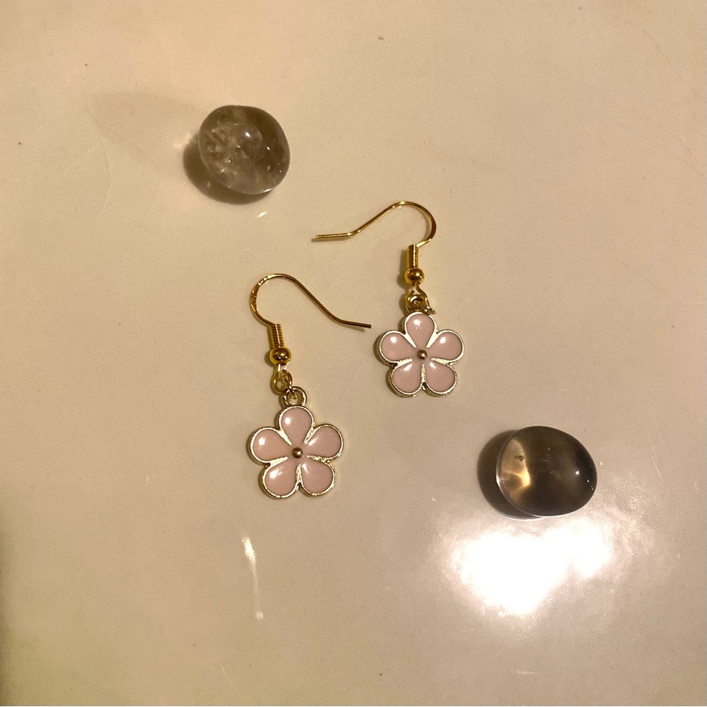 Pink Flower Earrings Gold Hook Handmade